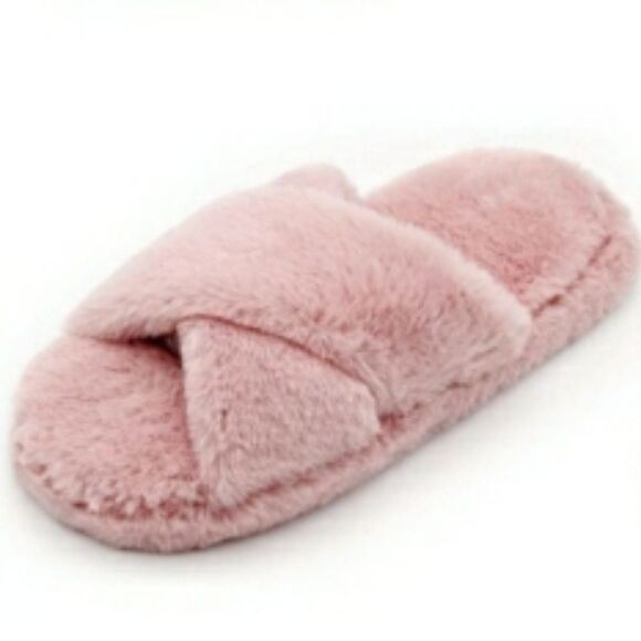 Pink Cross Band Fuzzy Faux Fur Slippers Size S - Picture 4 of 7